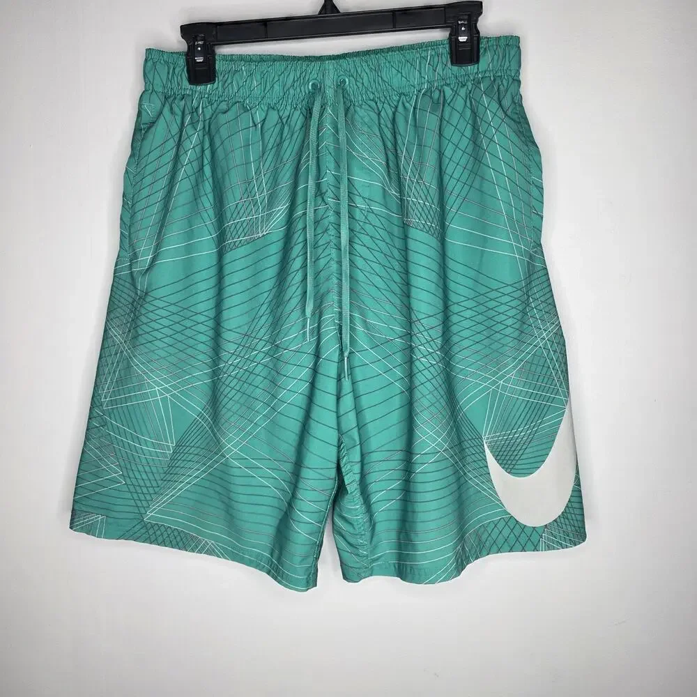 Nike Mens Large Green Volley Swim Shorts Oversized Swoosh Logo Lined Breaker